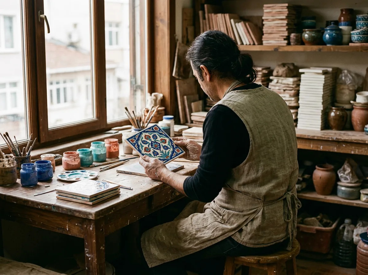 Pencere kenarında çalışma tezgâhında çini deseni inceleyen, arkadan görünen bir usta.